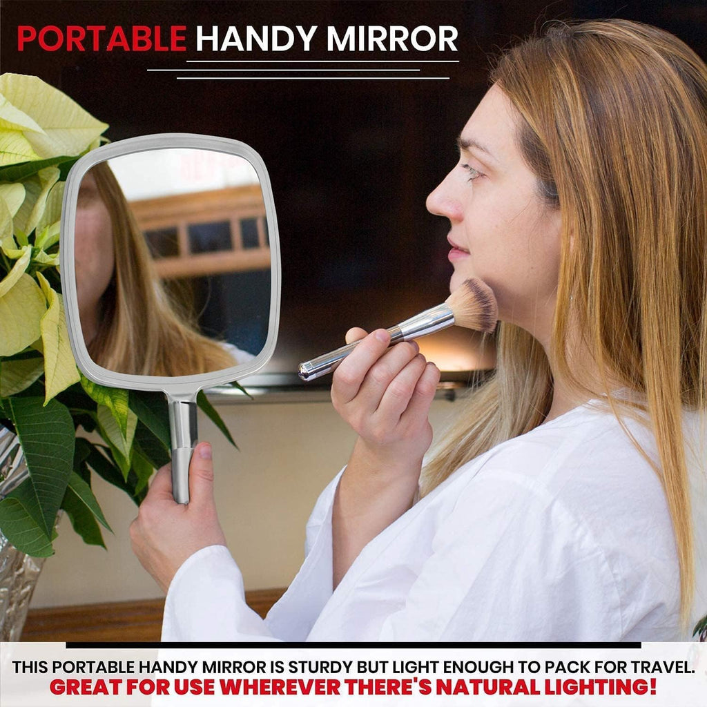 MIRRORVANA Professional Large Hand Mirror with Ergonomic Handle for Men & Women - Premium Handheld Haircut Mirrors for Barber and Salon - 9" x 13" (Elegant Silver Luxe Edition)