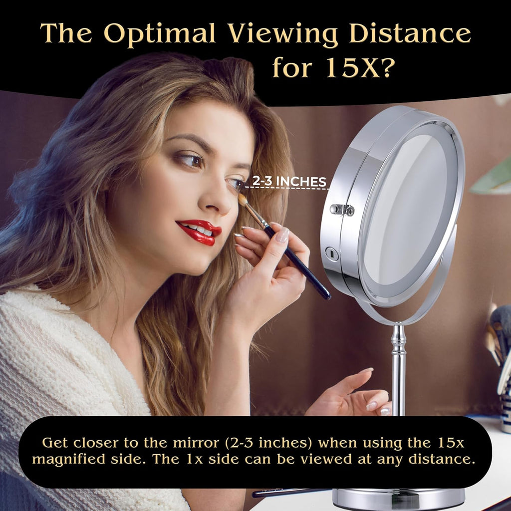 MIRRORVANA Super Zoom 15X Magnifying Makeup Mirror with Lights - 15X & 1X Make Up Vanity Mirror with 3 Lighting Modes, Rechargeable Battery with USB Cable - 8" Wide & 15" Tall (Chrome)