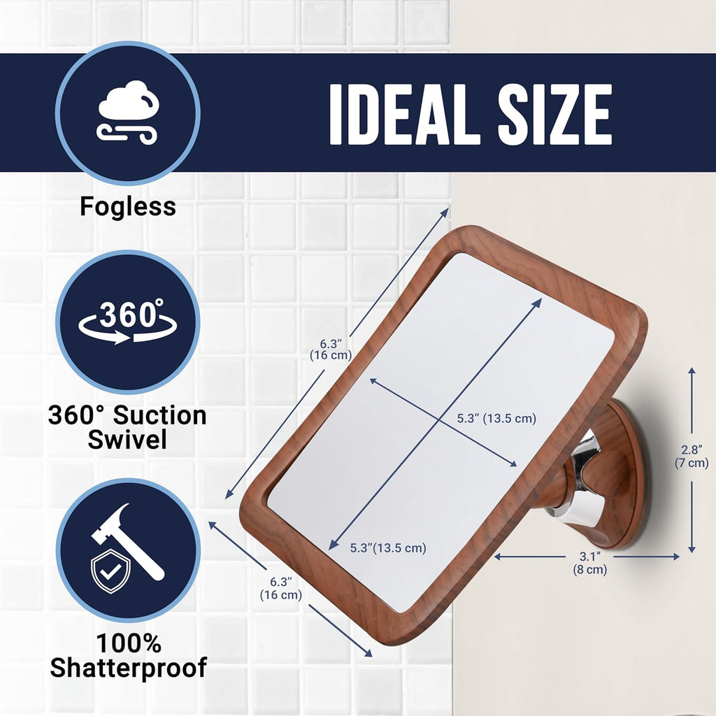 MIRRORVANA Fogless Shower Mirror for Shaving - Shatterproof Surface, Upgraded Suction Cup, and 360° Swivel Design - 6.3" x 6.3" (Bamboo Print)
