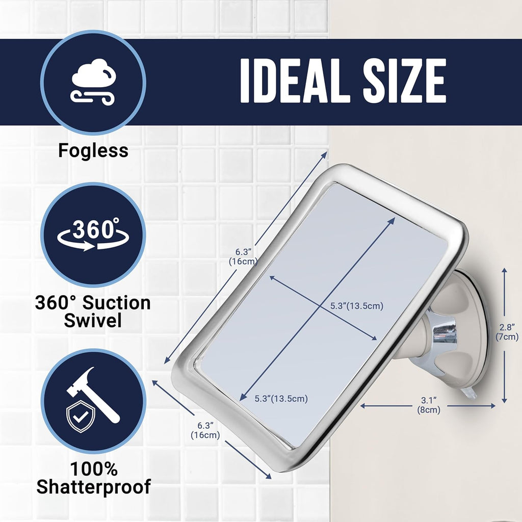 MIRRORVANA Fogless Shower Mirror for Shaving with Upgraded Suction-Cup, 1X Magnifying, 6.3 x 6.3 Inch (Chrome Frame, Grey Suction)