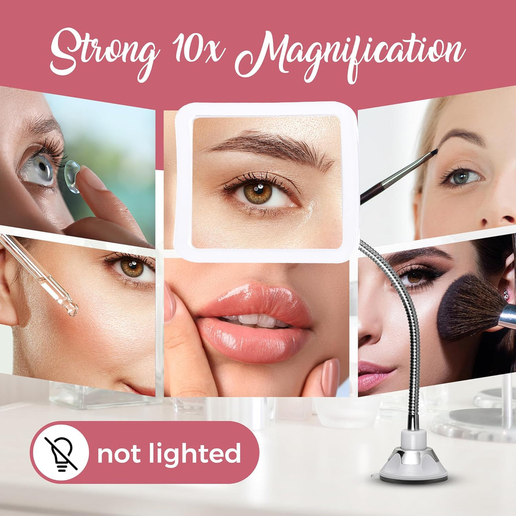 MIRRORVANA 10X Magnifying Makeup Mirror - Flexible Design with Adjustable Gooseneck and Suction Cup, 2-in-1 Tabletop and Wall-Mounted for Vanity or Bathroom Use - 6.3" x 6.3" (Square)
