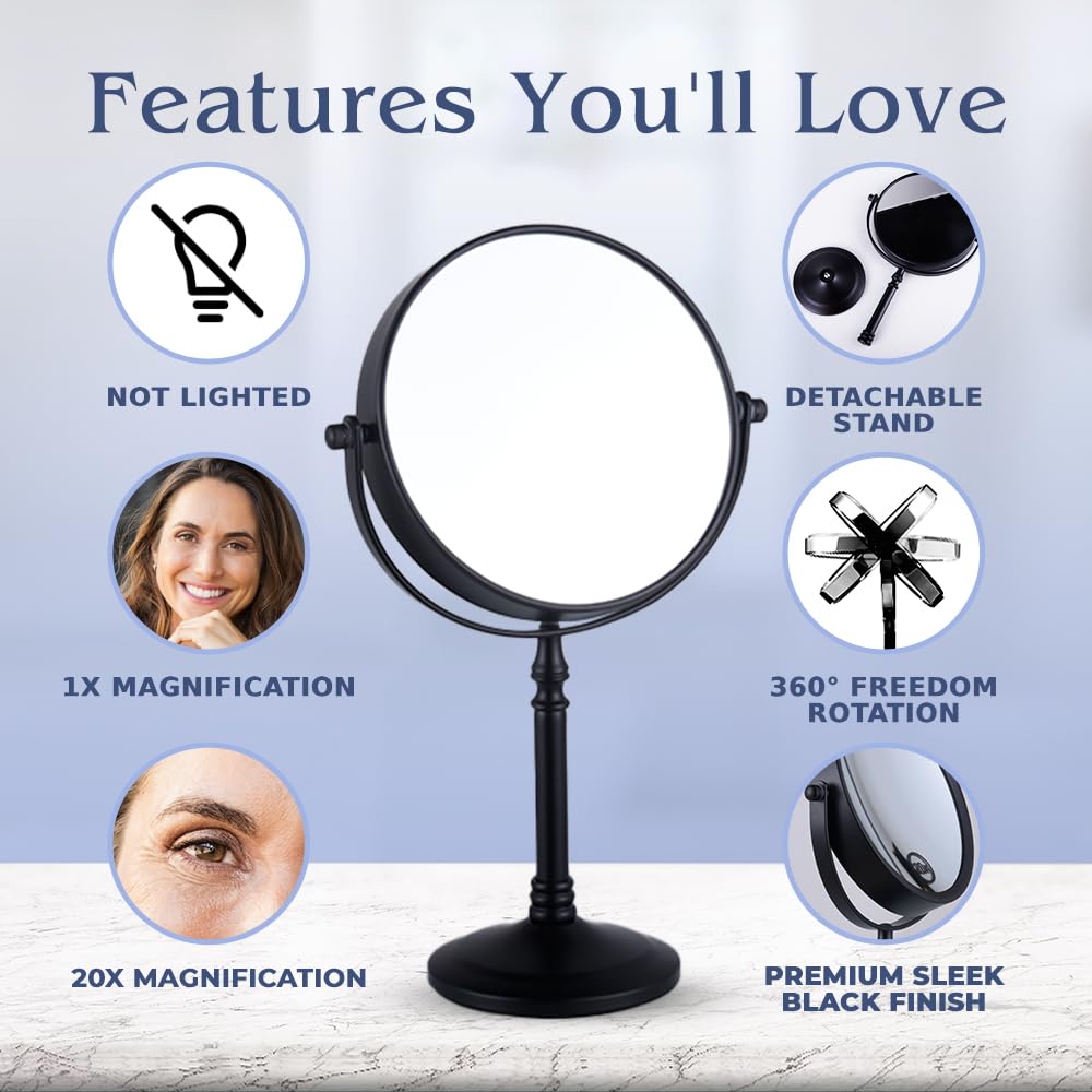 MIRRORVANA 20X Magnified Makeup Mirror with Stand - Double Sided 20x and 1x Cosmetic Mirror for Make Up Desk, Dressing Table, Bathroom Countertop - 6" Wide & 12" Tall (Black)