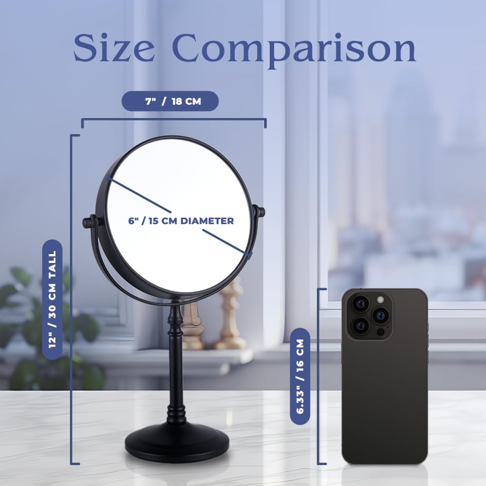 MIRRORVANA 20X Magnified Makeup Mirror with Stand - Double Sided 20x and 1x Cosmetic Mirror for Make Up Desk, Dressing Table, Bathroom Countertop - 6" Wide & 12" Tall (Black)