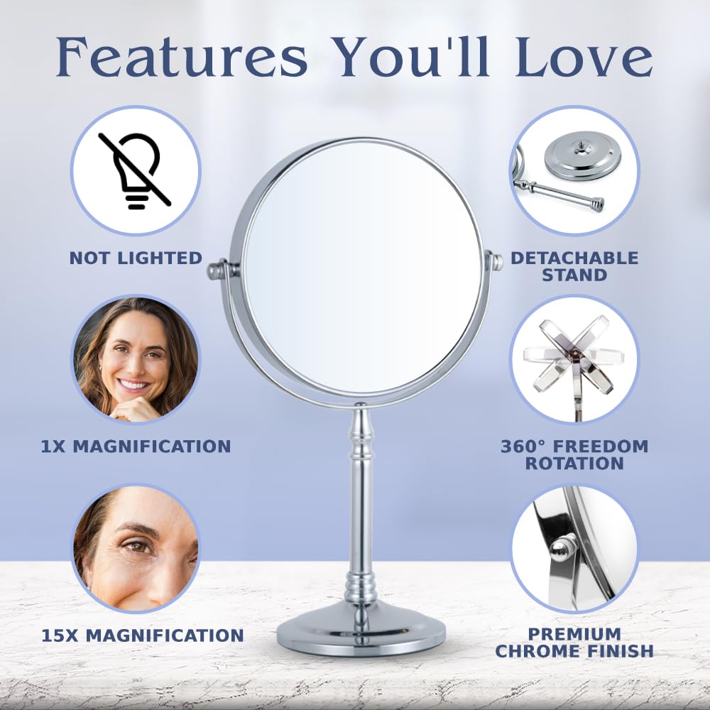 MIRRORVANA 15X Magnifying Makeup Mirror with Stand - Double Sided 15x and 1x Make-up Mirror for Vanity Desk, Dressing Table, Bathroom Countertop - 6" Wide & 12" Tall (Chrome)