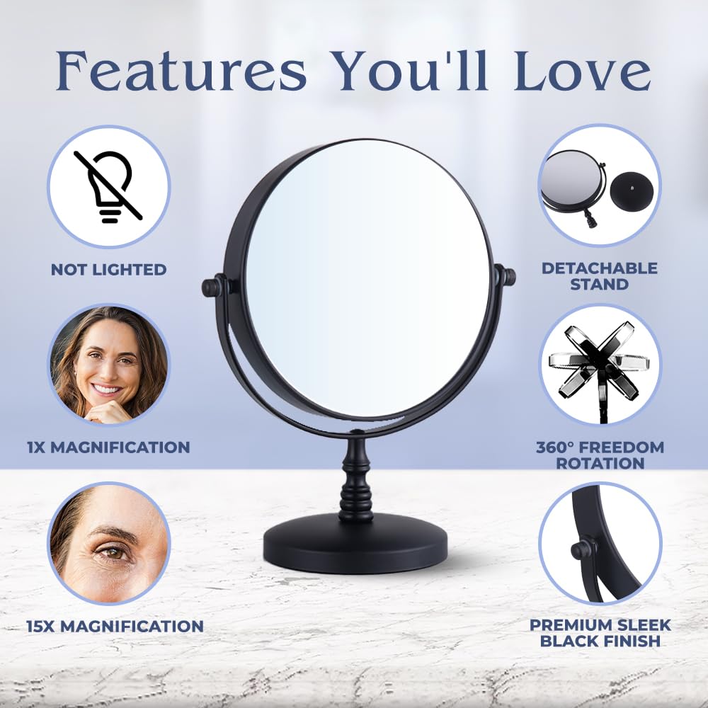 MIRRORVANA 15X Magnifying Tabletop Mirror on Stand - Dual Sided 15x and 1x Cosmetic Mirror for Desk, Dressing Table, Bathroom Countertop - 6" Wide & 9" Tall (Black)