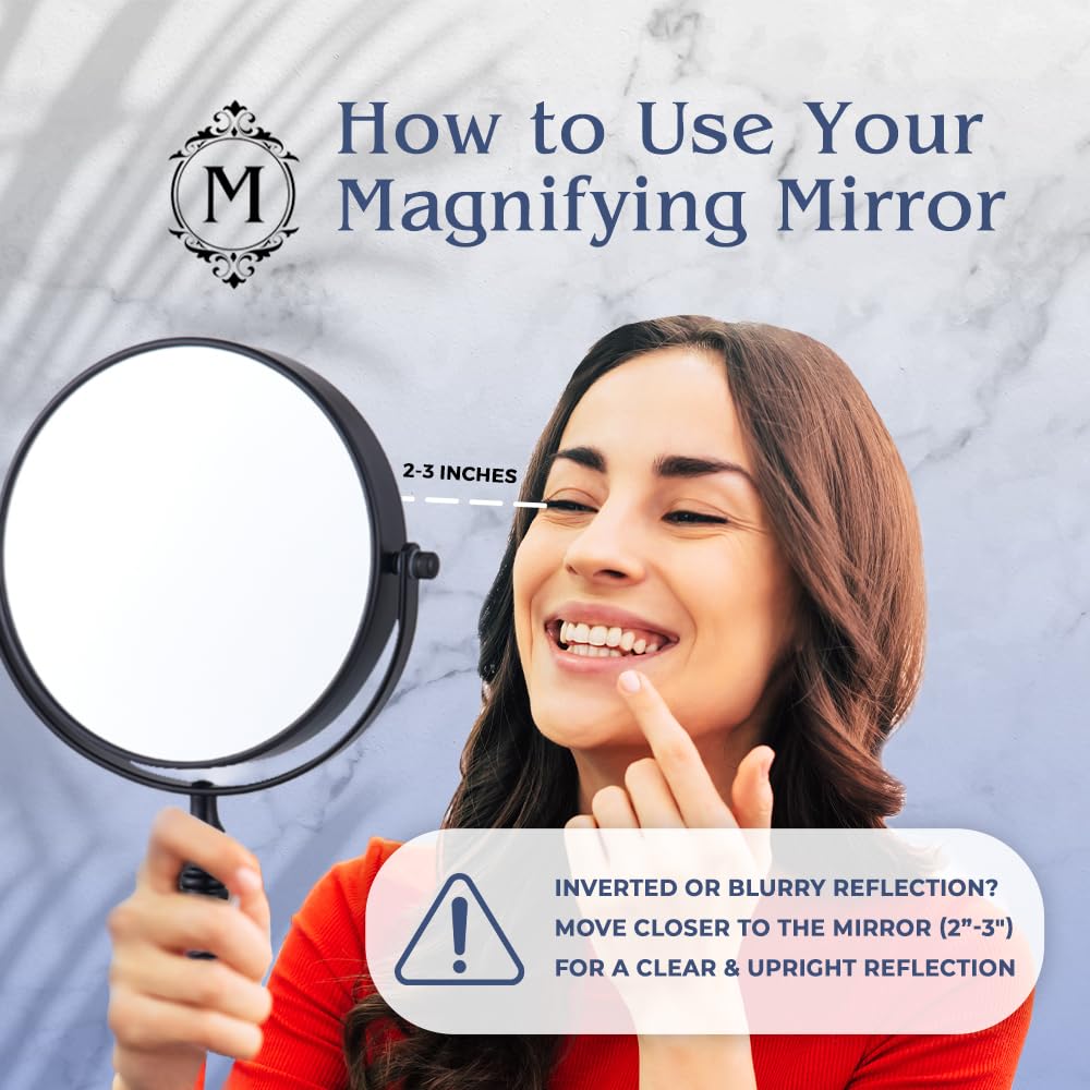 MIRRORVANA 15X Magnifying Tabletop Mirror on Stand - Dual Sided 15x and 1x Cosmetic Mirror for Desk, Dressing Table, Bathroom Countertop - 6" Wide & 9" Tall (Black)