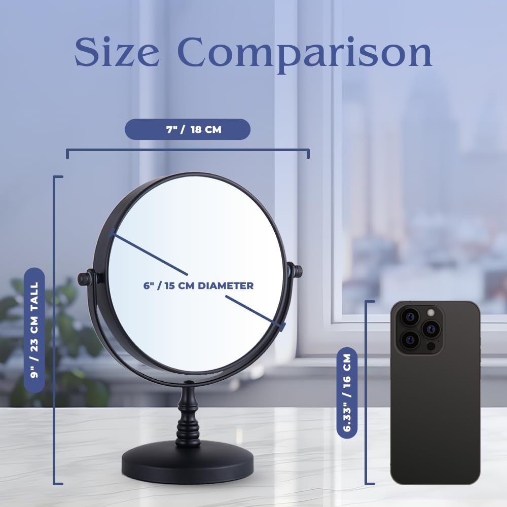 MIRRORVANA 15X Magnifying Tabletop Mirror on Stand - Dual Sided 15x and 1x Cosmetic Mirror for Desk, Dressing Table, Bathroom Countertop - 6" Wide & 9" Tall (Black)