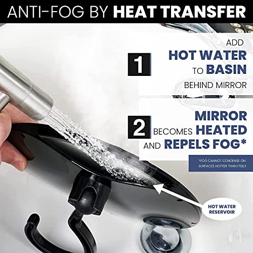 MIRRORVANA Round Hanging Fogless Shower Mirror for Shaving with Real Glass Surface and Adjustable Swivel Hook - Simply Fill Back Chamber/Reservoir with Hot Water