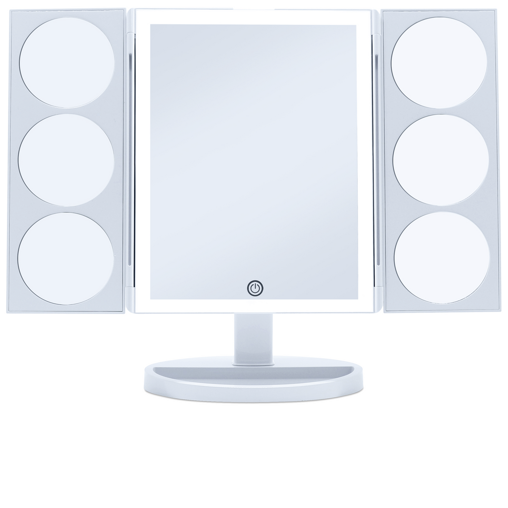 [2019 X-Large Model] Lighted Makeup Mirror, 44 LED Lights Vanity Mirror with Twin Magnifying Panels (3X/5X/10X) and Dual Power Supply, 360° Rotatable Trifold Mirror (White)
