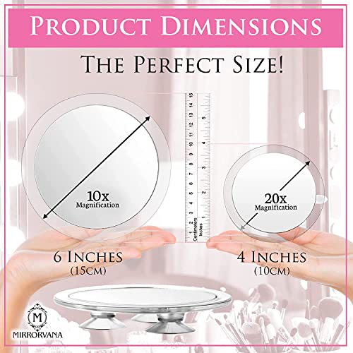 MIRRORVANA Magnifying Mirror Set Combo with 3 Suction Cups Each - Compact & Travel Ready (Glass (20X & 10X))