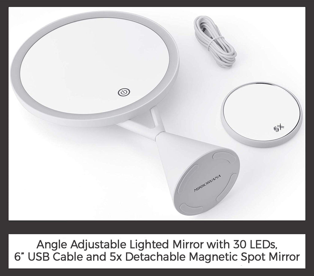 Mirrorvana Lighted Makeup Mirror with 30 LED Lightbulbs and Detachable 5X Magnifying Spot Mirror, 13" Height & 7" Diameter