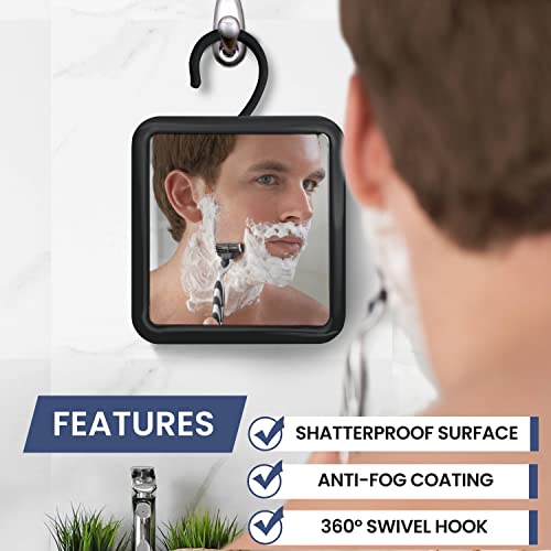 MIRRORVANA Hanging Fogless Shower Mirror for Shaving with 360° Rotatable Swivel Hook - Anti Fog and Shatterproof 6.3" x 6.3" Surface (Black)