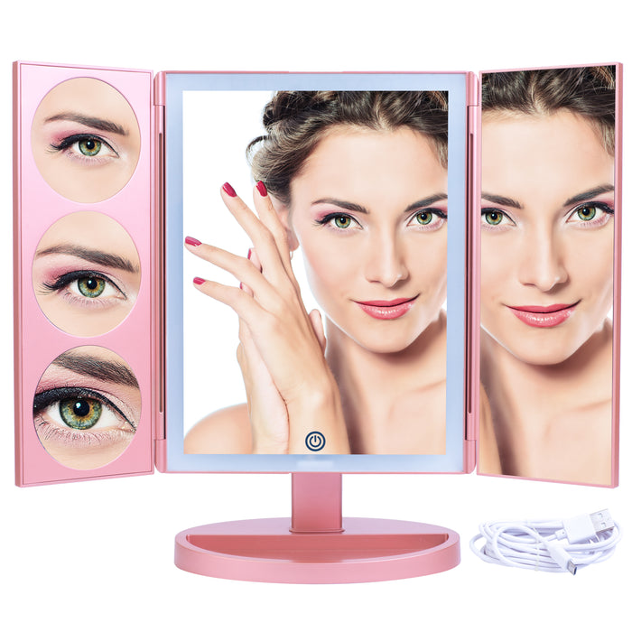 Mirrorvana XLarge Trifold LED Lighted Vanity Makeup Mirror with 1X, 3X, 5X and 10x Magnification in Rose Gold | Includes BONUS 6-ft (2-meter) USB Cable
