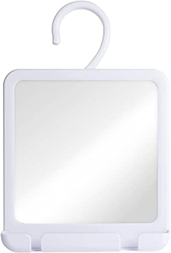 Portable Hanging Fogless Shower Mirror for Shaving with Hangable Hook, Razor Holder and Anti Fog Shatterproof Surface - Fill Basin Behind Mirror with Hot Water for Fog Free Shave - 8" x 7" (White)