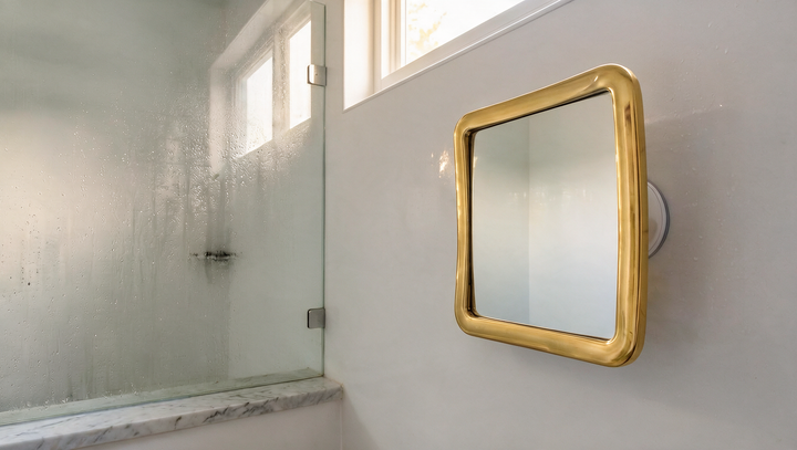 How does a fogless shower mirror's anti-fog feature work?