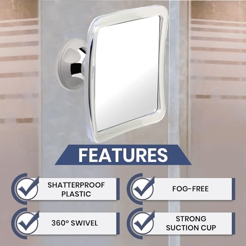MIRRORVANA Fogless Shower Mirror for Shaving with Upgraded Suction-Cup, 1X Magnifying, 6.3 x 6.3 Inch (Translucent Frame, Grey Suction)