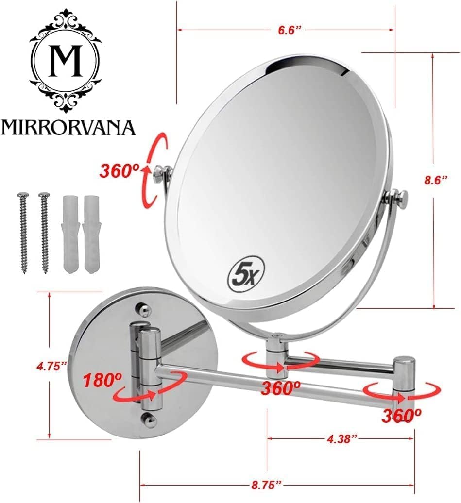 Oval Wall Mount Mirror with 13" Extendable Arm, 5X & 1X Magnification