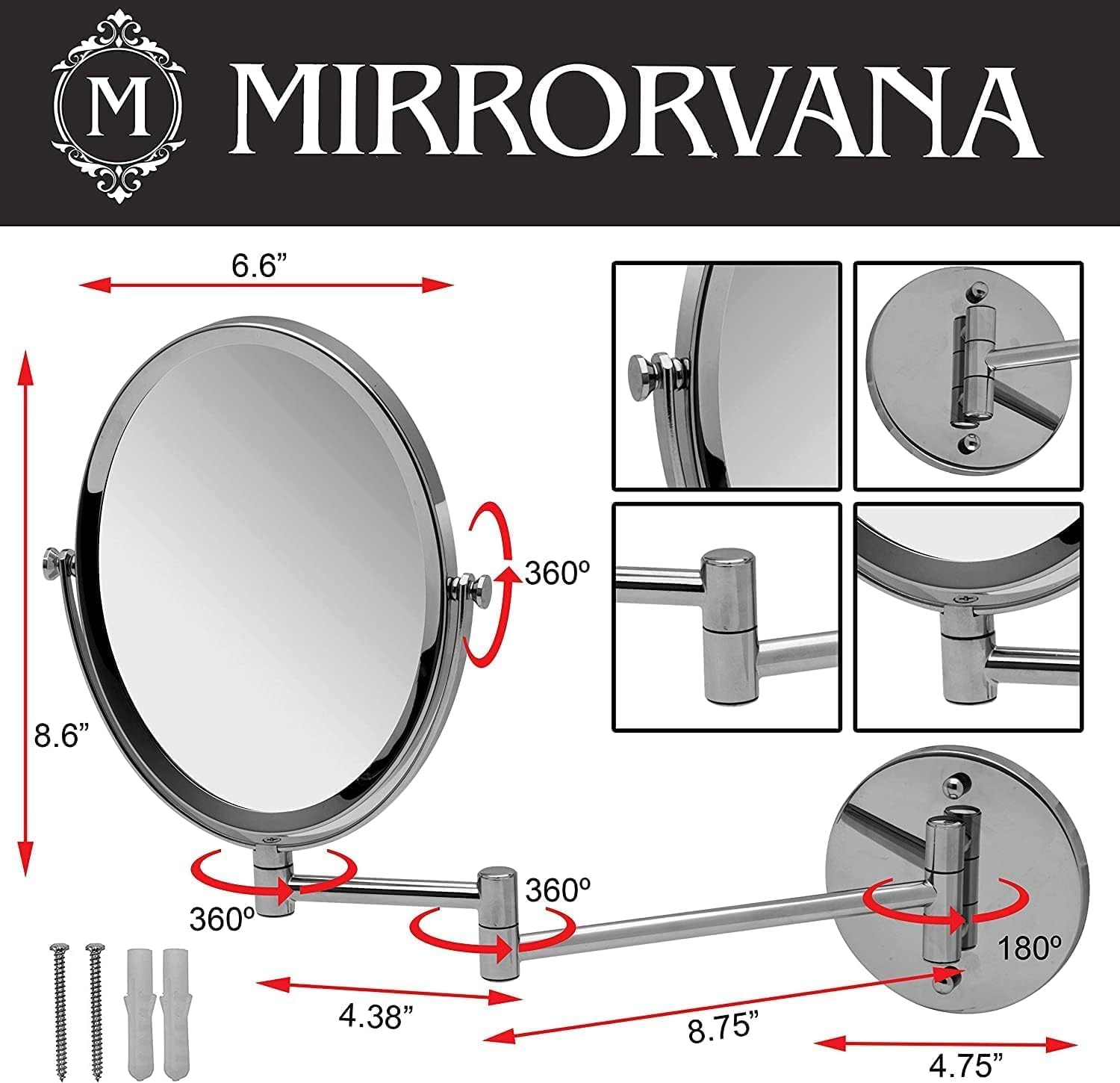 Oval Wall Mount Mirror with 13" Extendable Arm, 5X & 1X Magnification