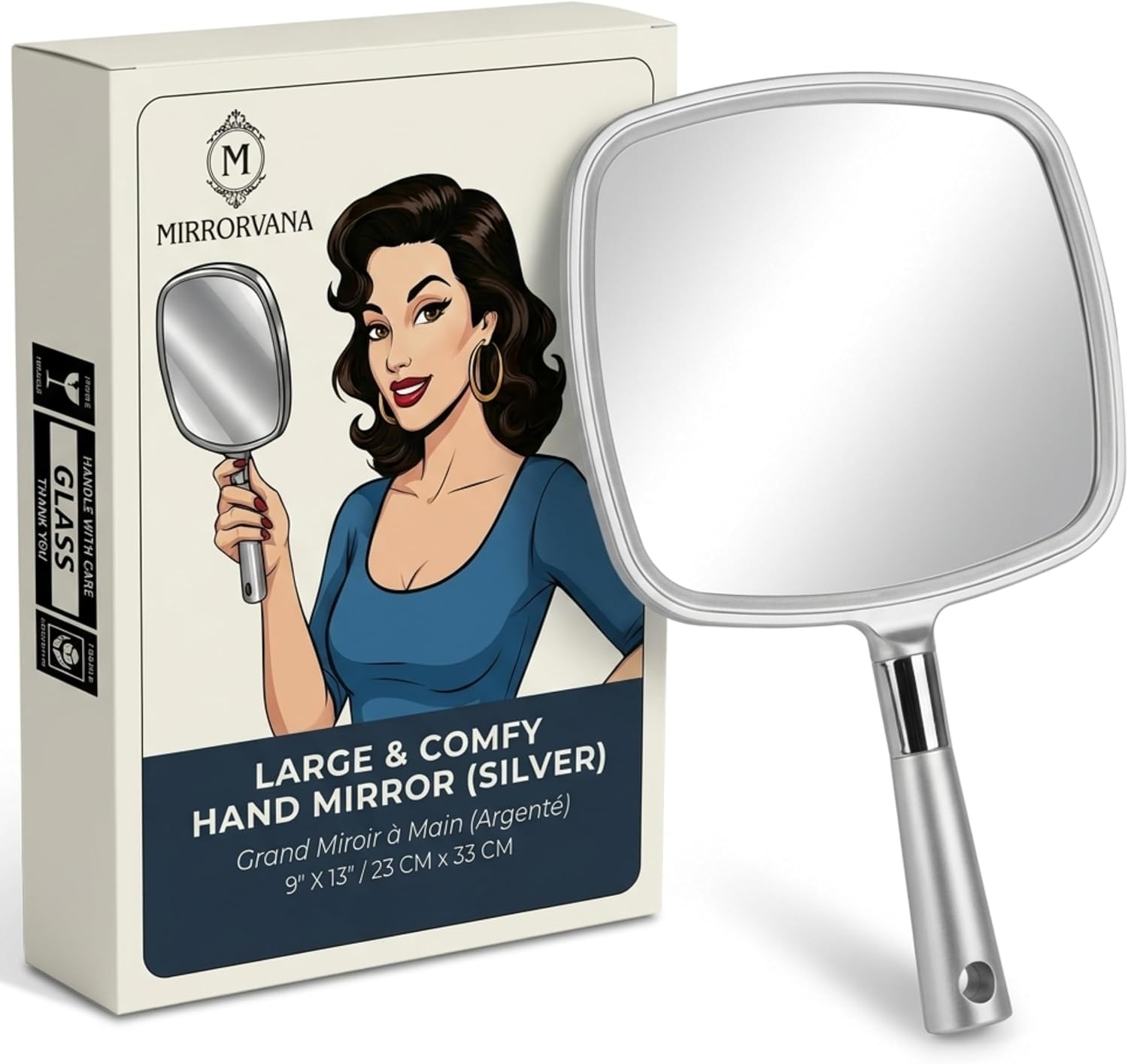 Professional Large Hand Held Mirror, 9" x 13" (Elegant Silver)