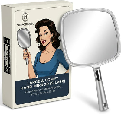 Professional Large Hand Held Mirror, 9" x 13" (Elegant Silver)