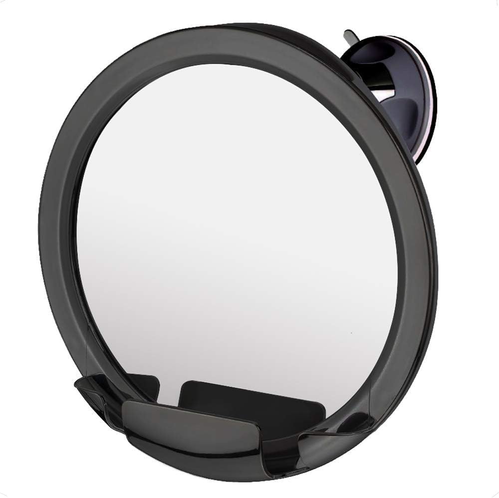 Round Fogless Shower Mirror with Dual Anti-Fog System, Suction Mount, and Razor Holder (Black)