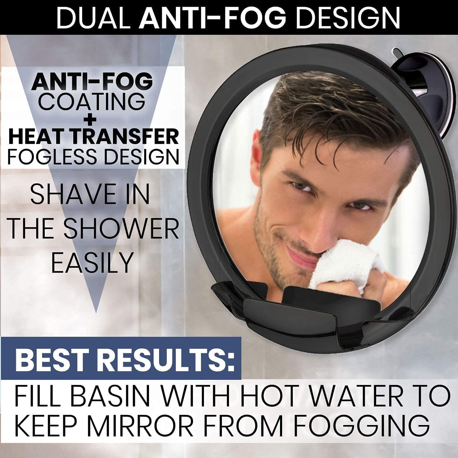 Round Fogless Shower Mirror with Dual Anti-Fog System, Suction Mount, and Razor Holder (Black)