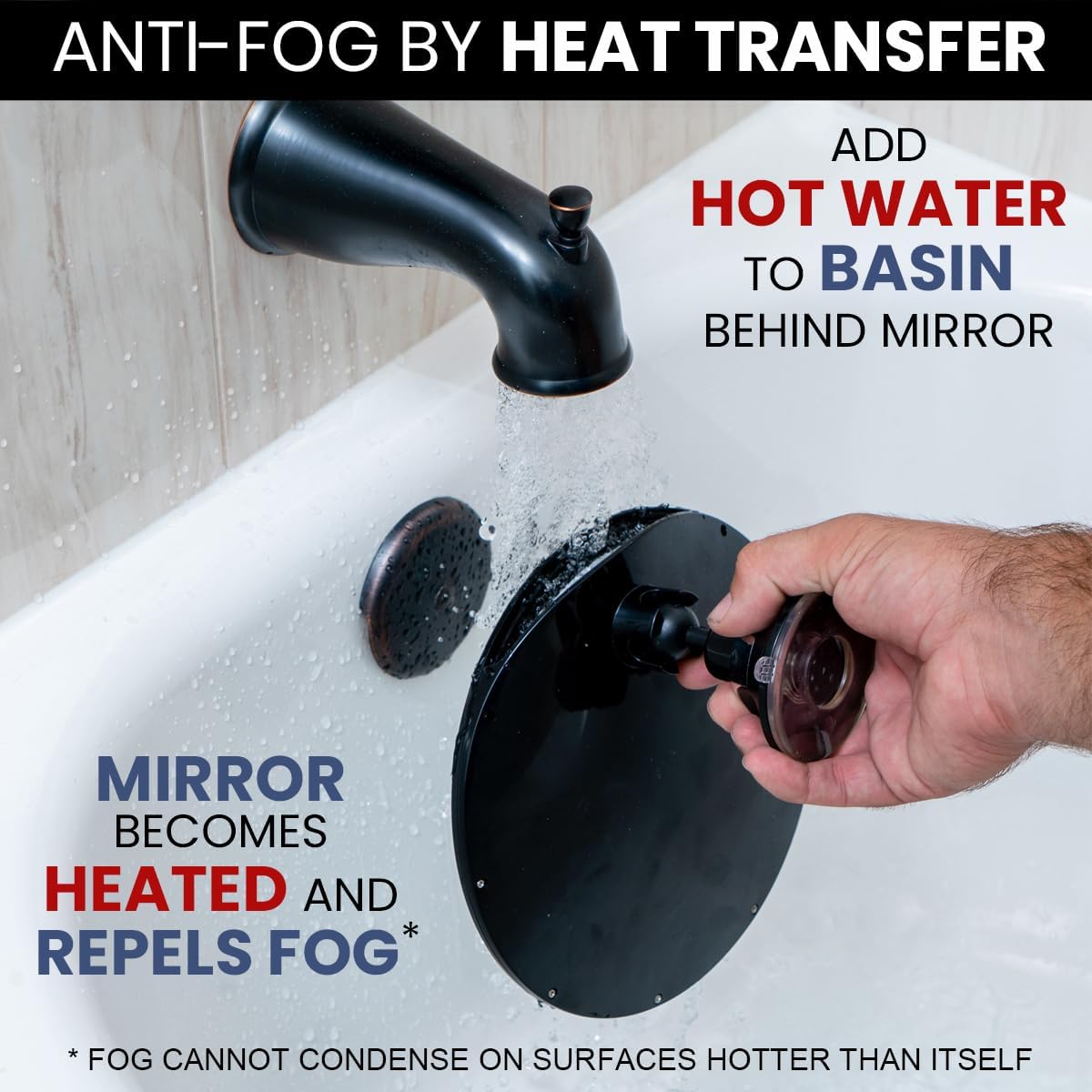 Round Fogless Shower Mirror with Dual Anti-Fog System, Suction Mount, and Razor Holder (Black)