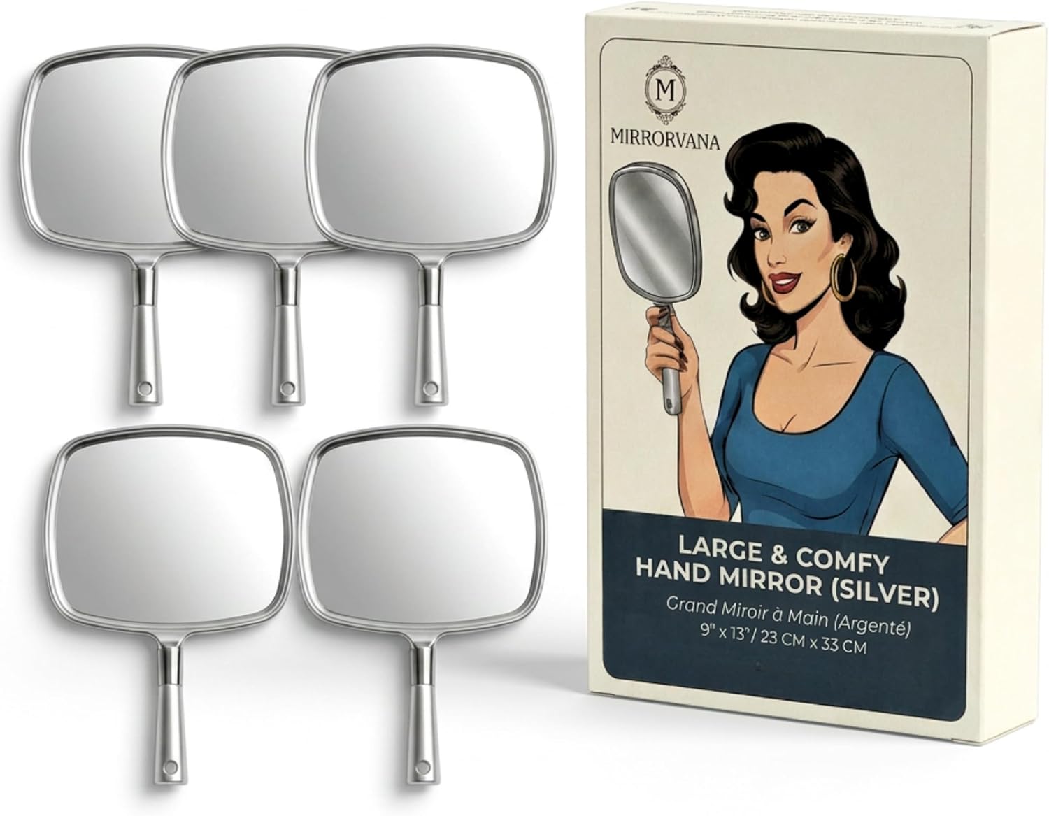 Large Hand Mirror with Comfy Handle, Pack of 5 (Silver)