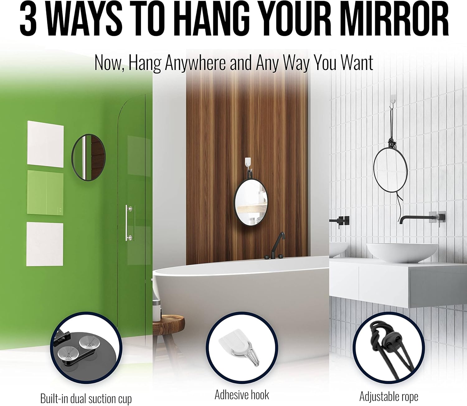 Small Fogless Shower Mirror with Dual Suction Cups and Adhesive Hook (Black)