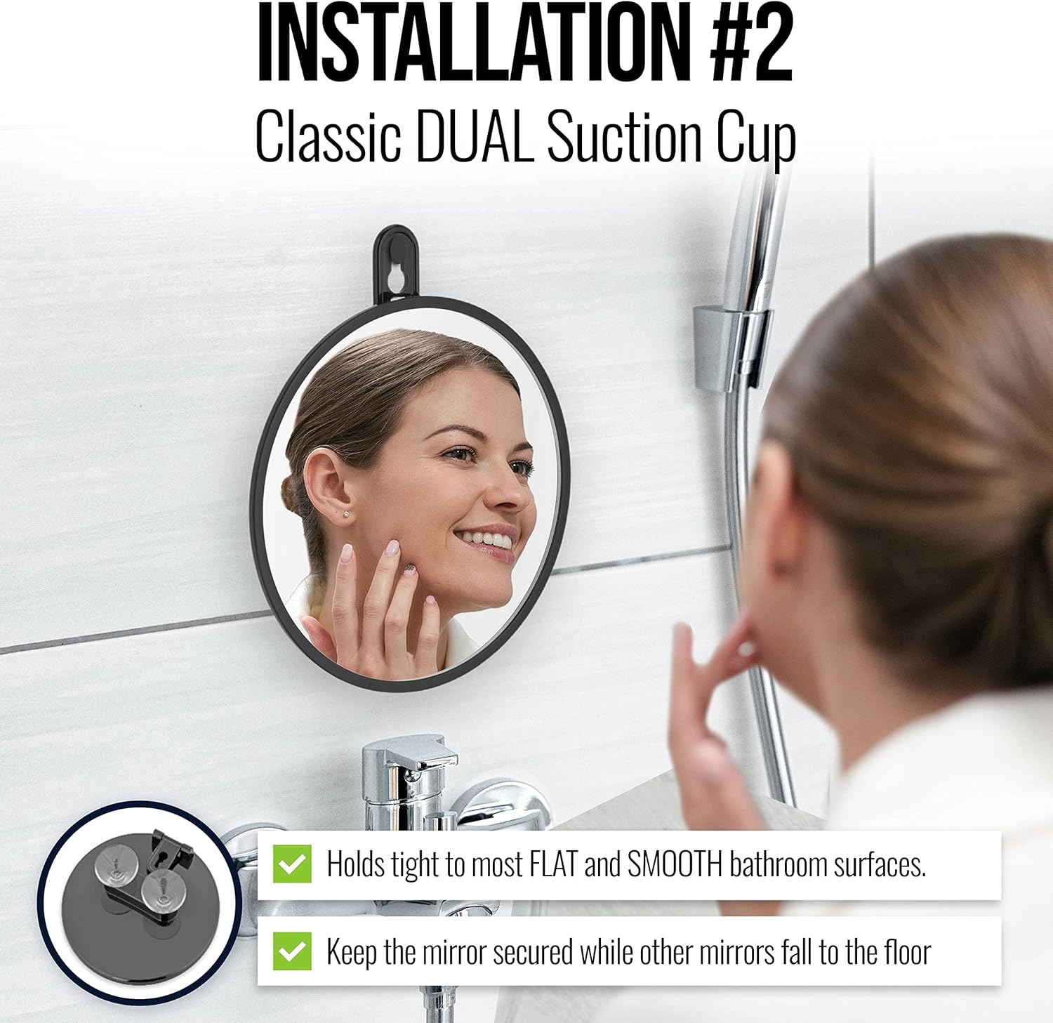 Small Fogless Shower Mirror with Dual Suction Cups and Adhesive Hook (Black)