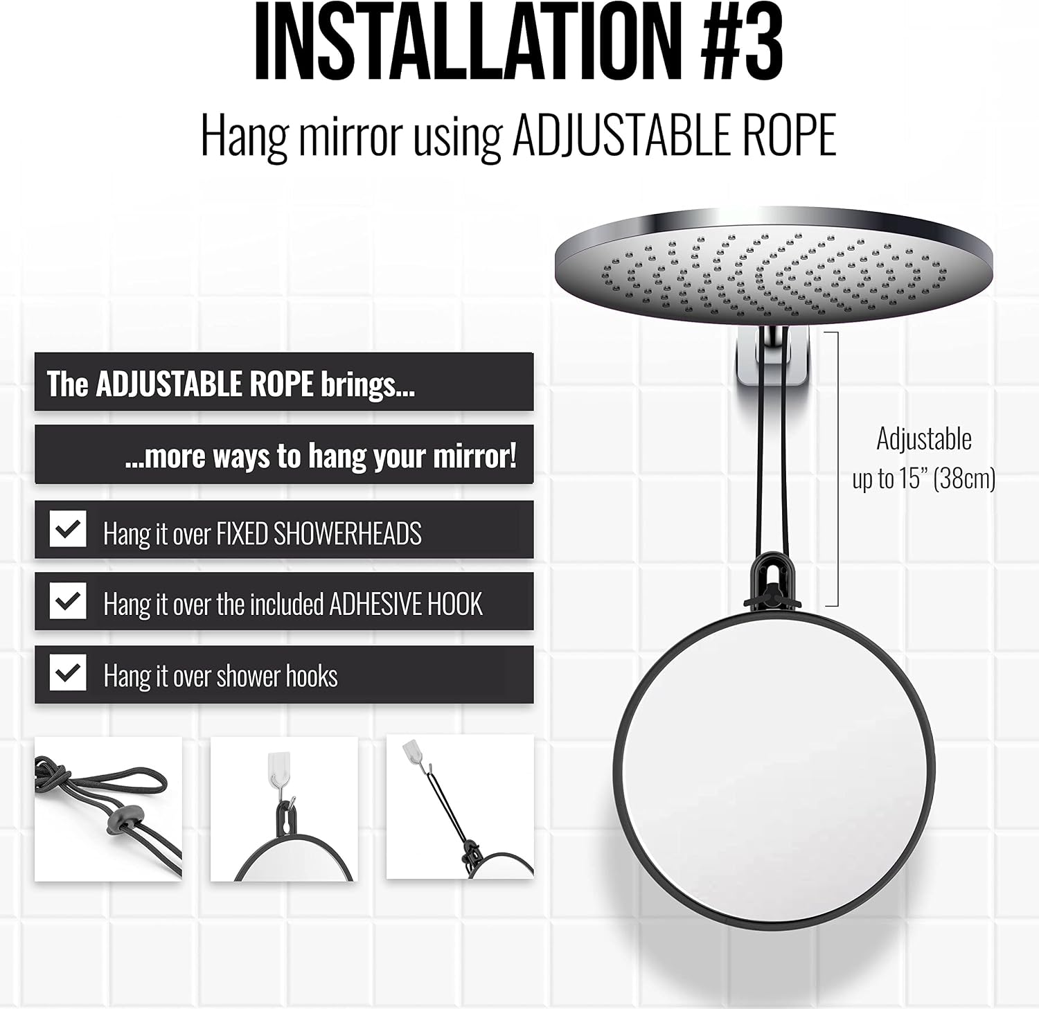 Small Fogless Shower Mirror with Dual Suction Cups and Adhesive Hook (Black)