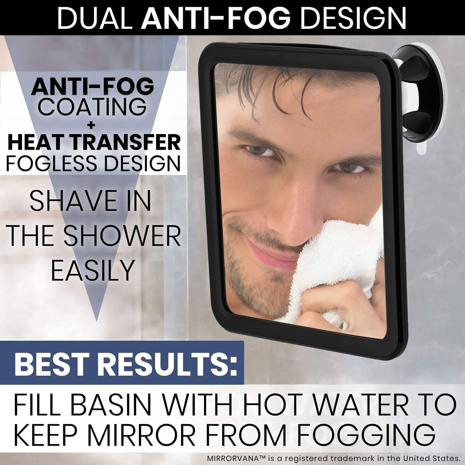 Fogless Shower Mirror with Dual Anti-Fog System and Suction Mount (Black)