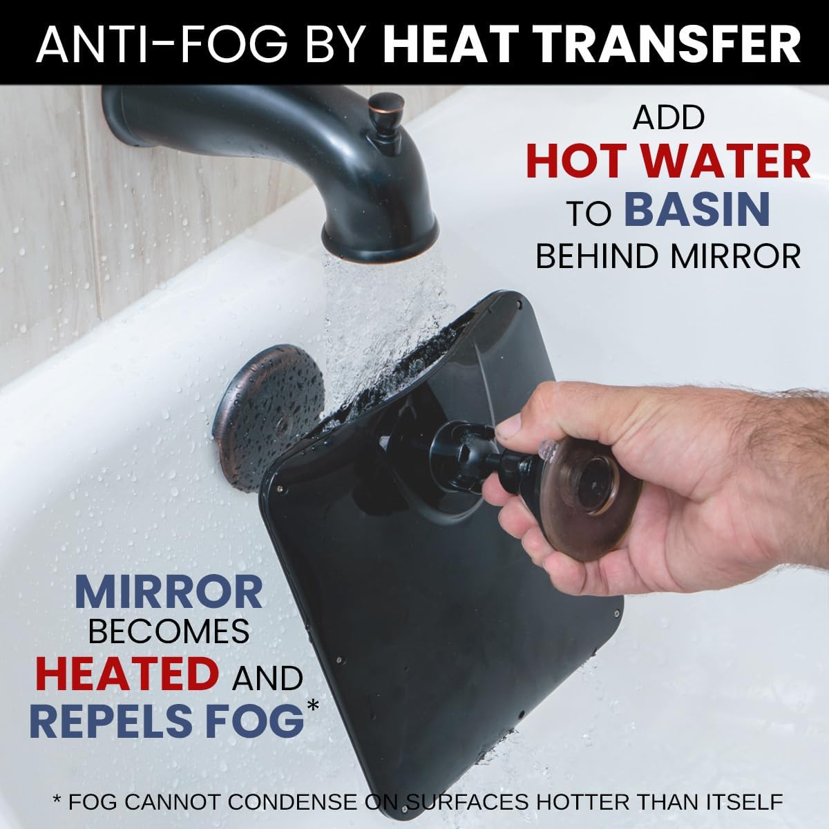 Fogless Shower Mirror with Dual Anti-Fog System and Suction Mount (Black)