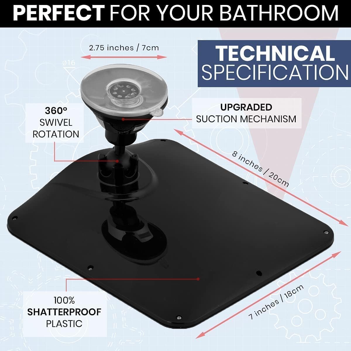 Fogless Shower Mirror with Dual Anti-Fog System and Suction Mount (Black)
