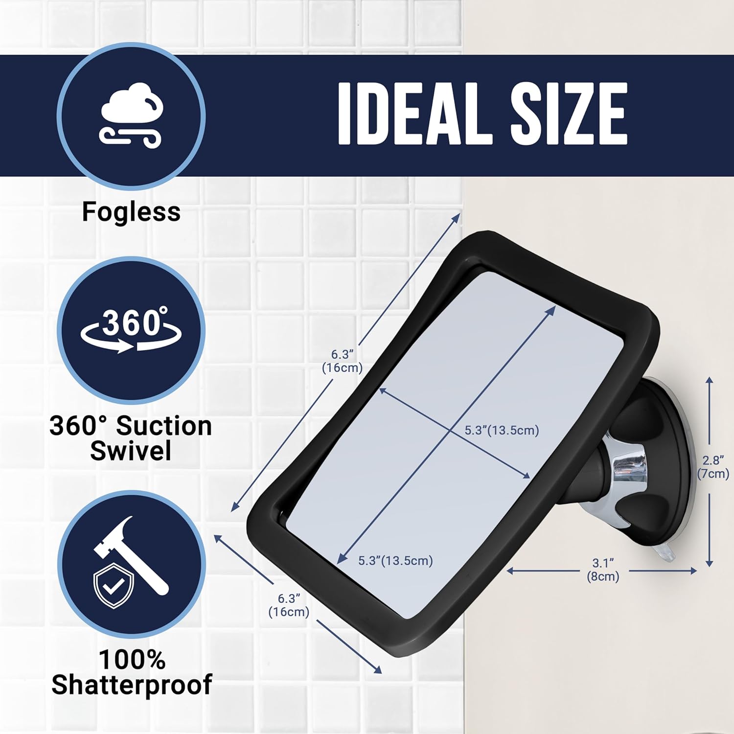 Fogless Shower Mirror with Suction Mount (Black) - MVSF63K1X - 36 Units Per Carton