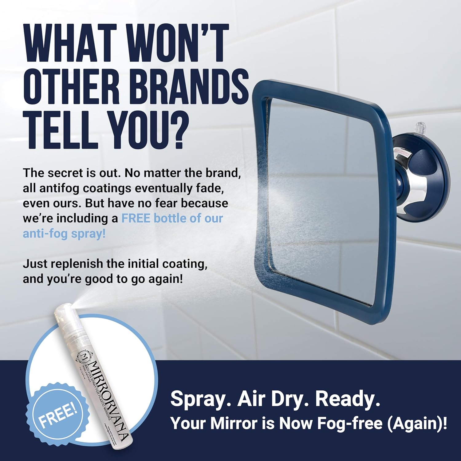 Fogless Shower Mirror for Shaving with Suction Mount (Blue)