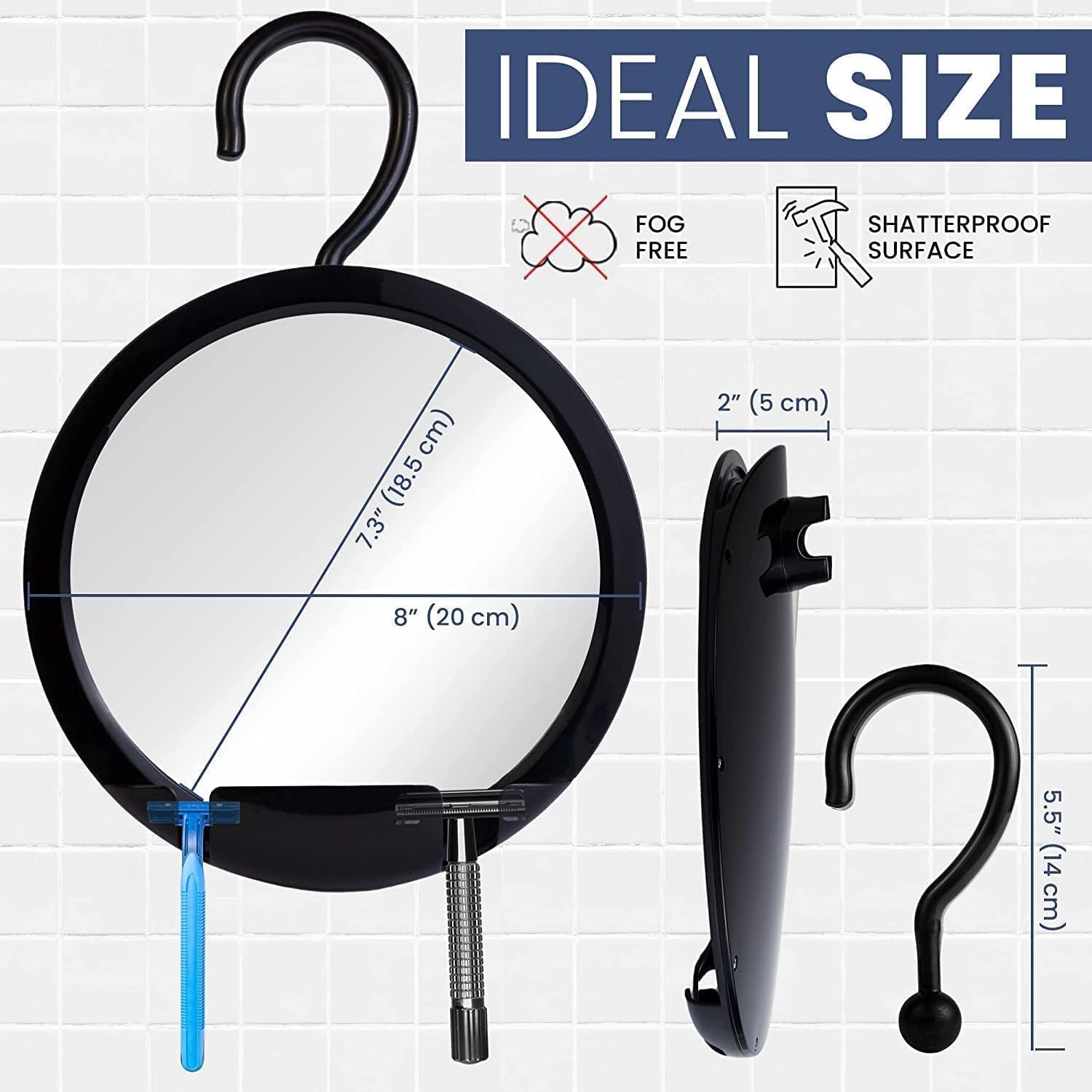 Round Hangable Fogless Shower Mirror with Dual Anti-Fog System and Razor Holder (Black)
