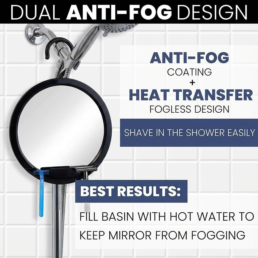 Round Hangable Fogless Shower Mirror with Dual Anti-Fog System and Razor Holder (Black)
