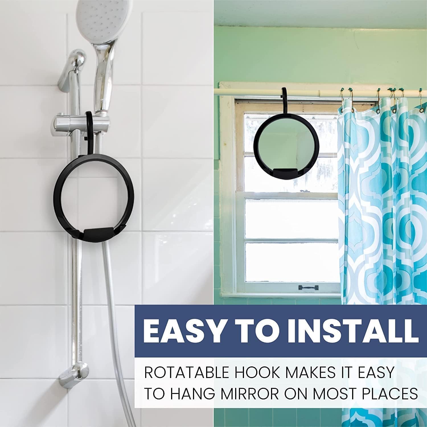 Round Hangable Fogless Shower Mirror with Dual Anti-Fog System and Razor Holder (Black)