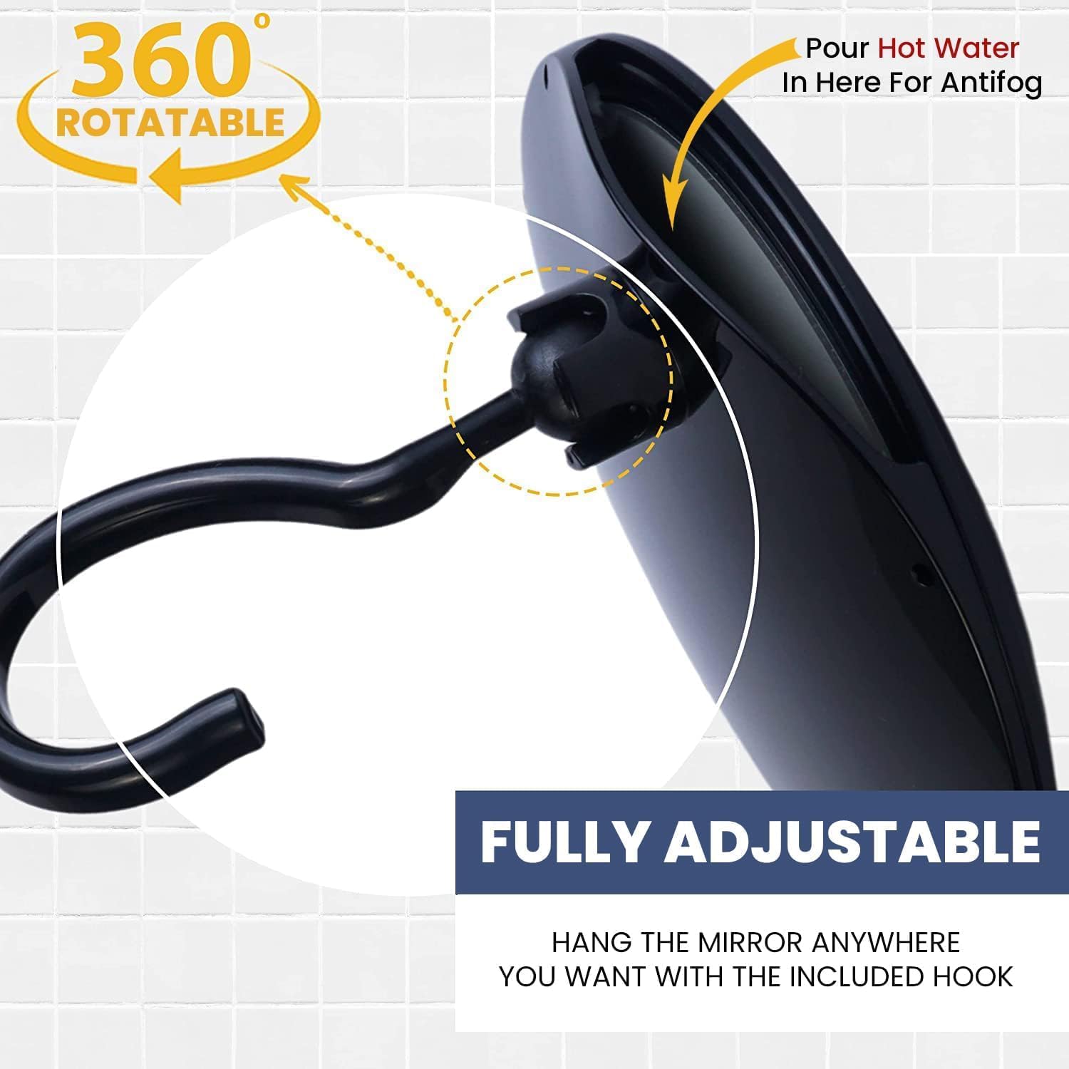 Round Hangable Fogless Shower Mirror with Dual Anti-Fog System and Razor Holder (Black)