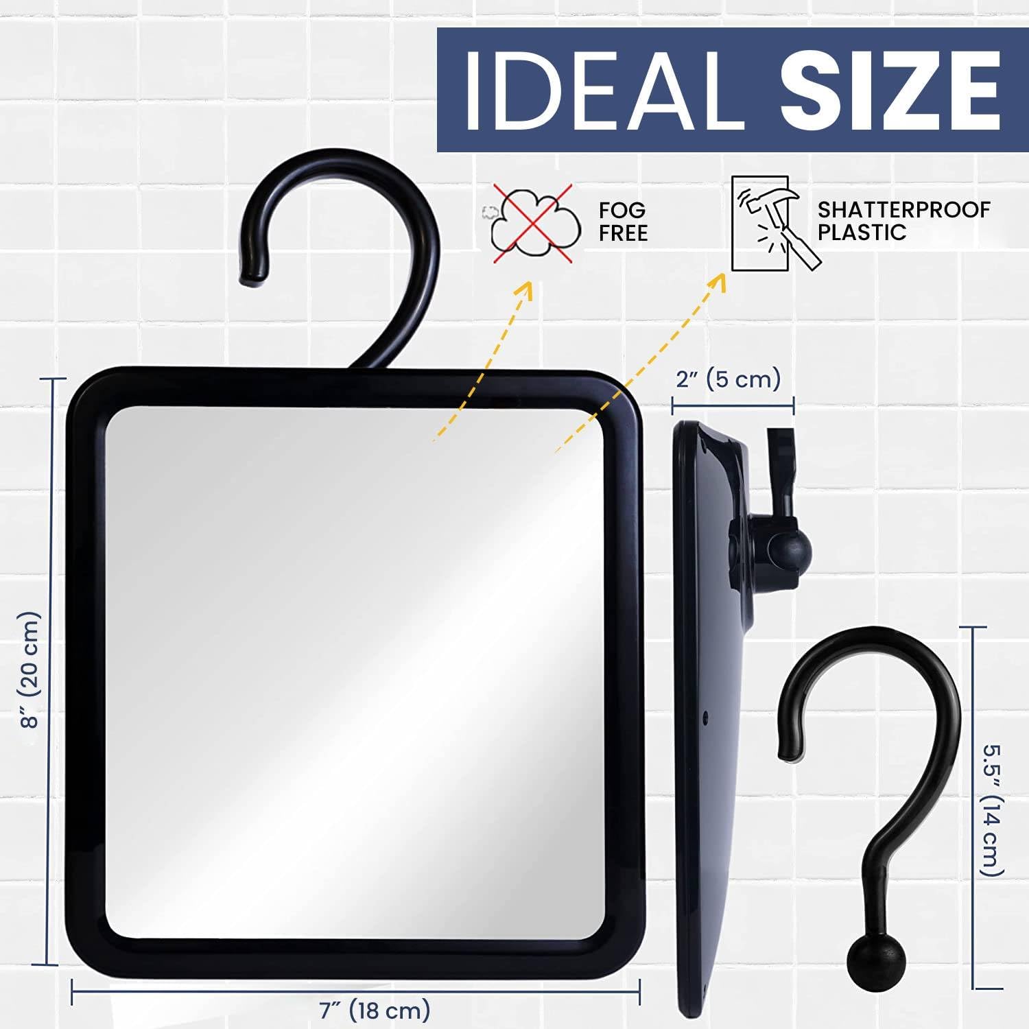 Hangable Fogless Shower Mirror with Dual Anti-Fog System (Black)