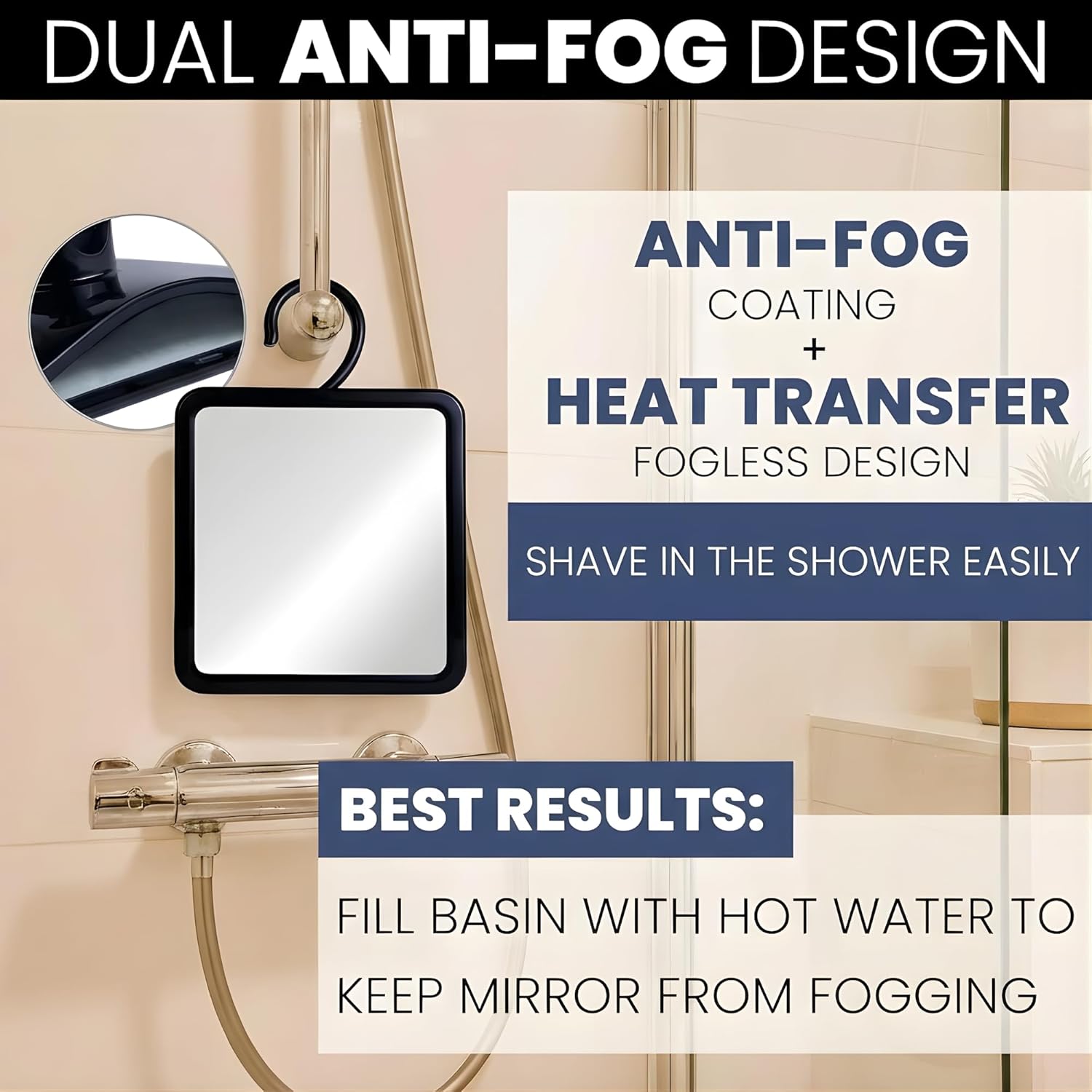 Hangable Fogless Shower Mirror with Dual Anti-Fog System (Black)