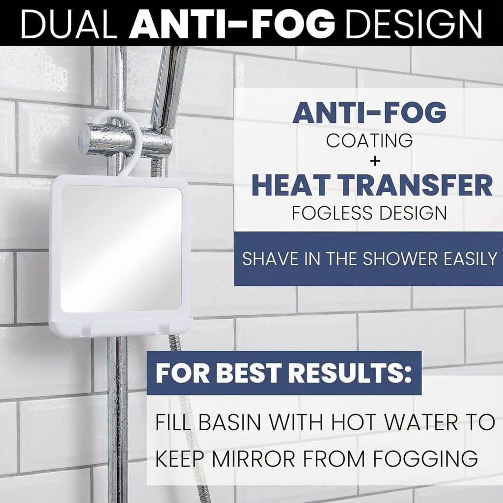 Hangable Fogless Shower Mirror with Dual Anti-Fog System and Razor Holder (White)