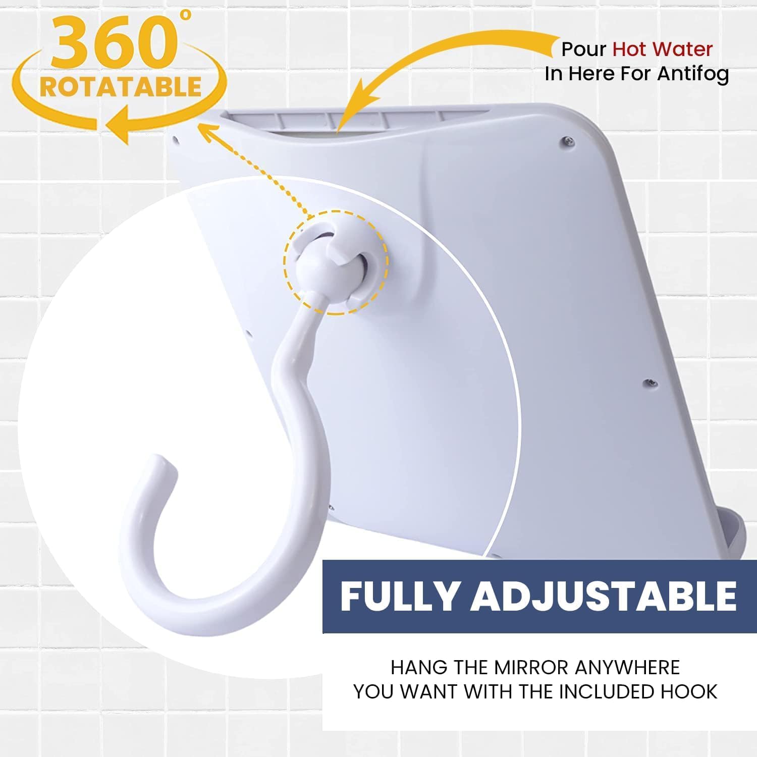 Hangable Fogless Shower Mirror with Dual Anti-Fog System and Razor Holder (White)