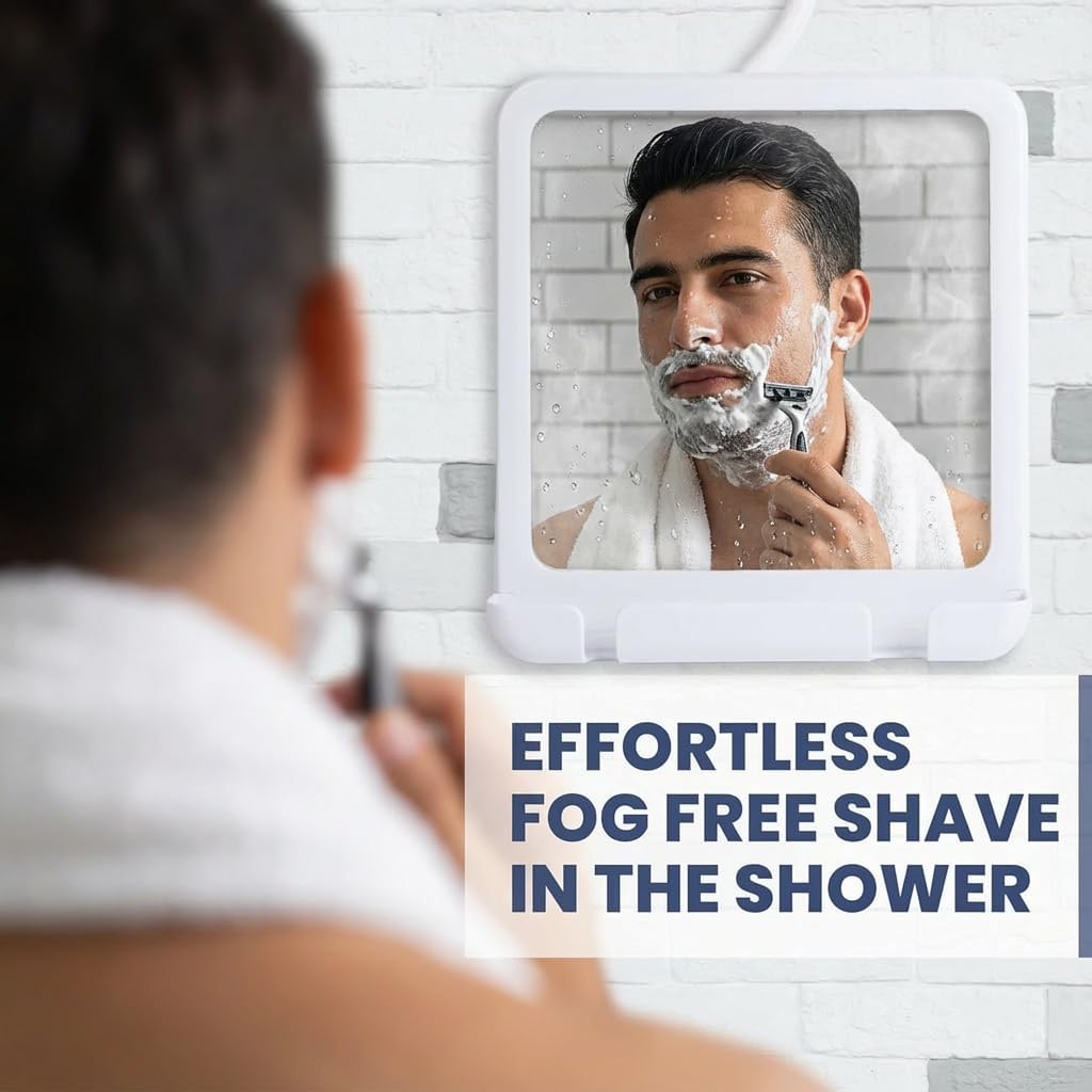 Hangable Fogless Shower Mirror with Dual Anti-Fog System and Razor Holder (White)