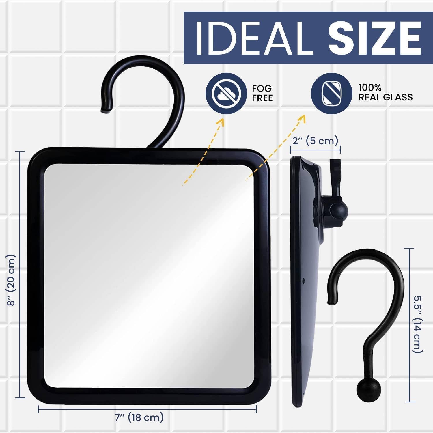 Hangable Fogless Shower Mirror with Real Glass Surface (Black)