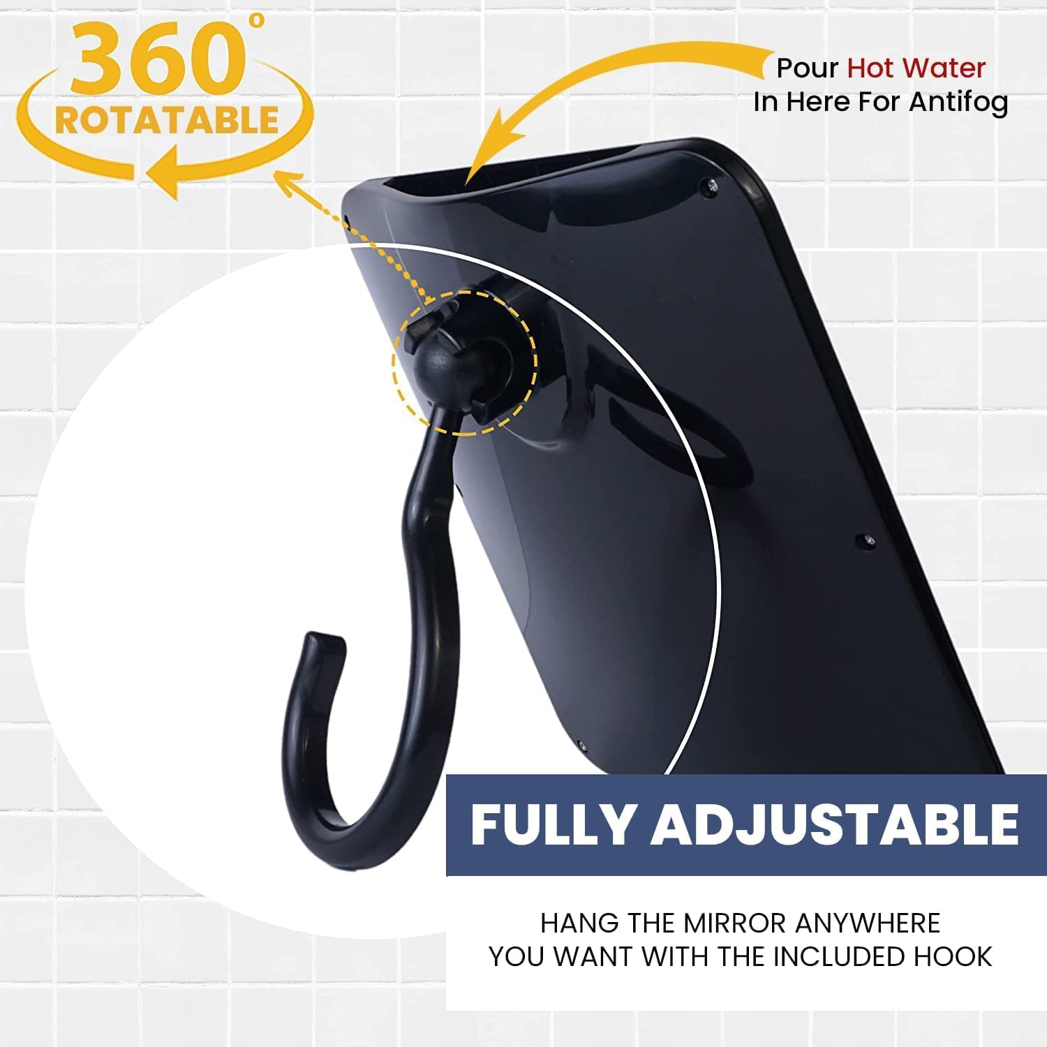 Hangable Fogless Shower Mirror with Real Glass Surface (Black)