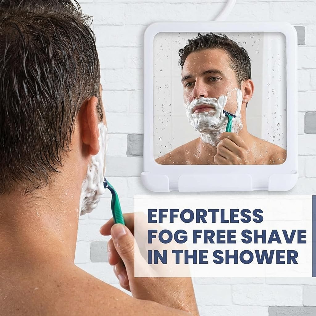 Hangable Fogless Shower Mirror with Real Glass Surface and Razor Holder (White)