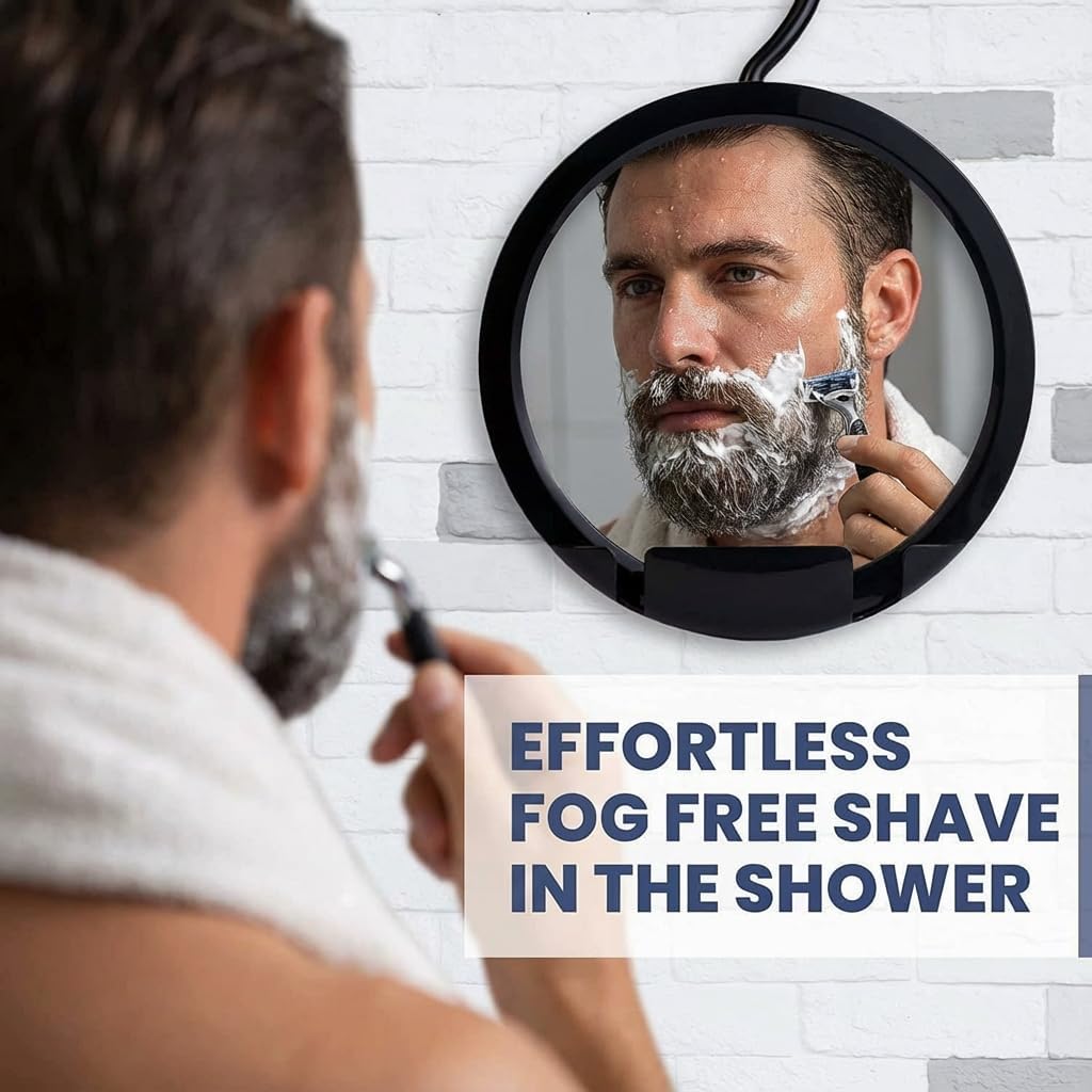 Round Hangable Fogless Shower Mirror with Real Glass Surface and Razor Holder (Black)