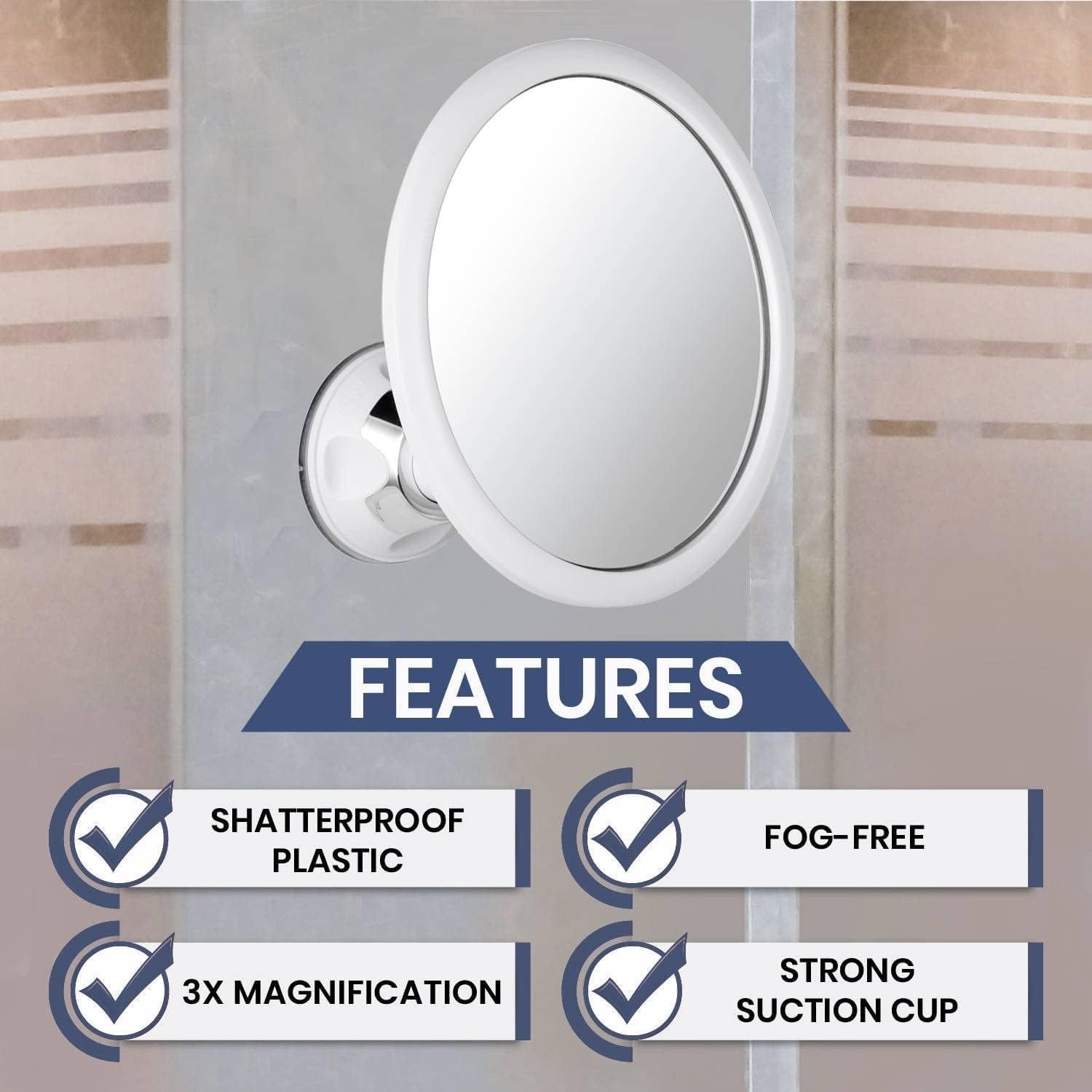 3X Magnifying Round Fogless Shower Mirror with Suction Mount (White) - MVCF67A3X - 36 Units Per Carton